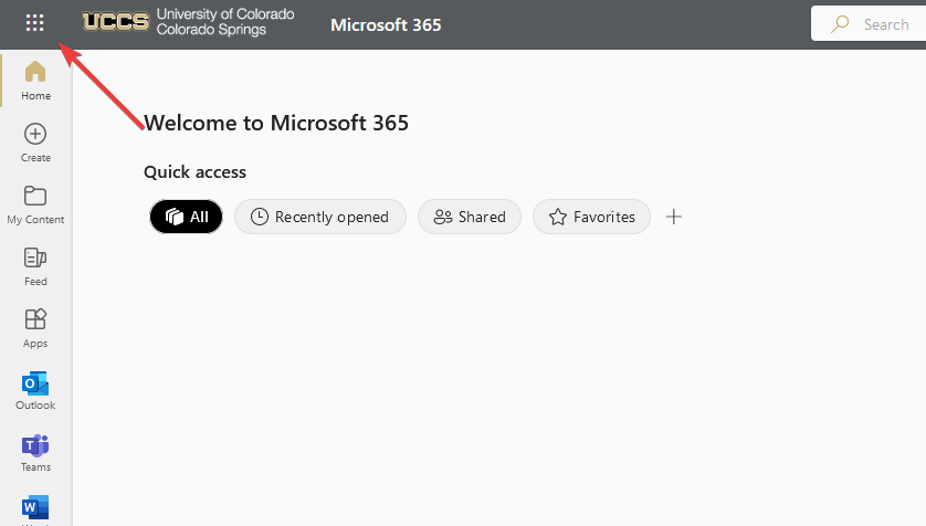 Office Home page with arrow pointing to applications button.