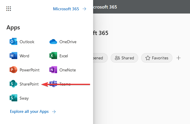 Office Applications menu page with arrow pointing to SharePoint app.