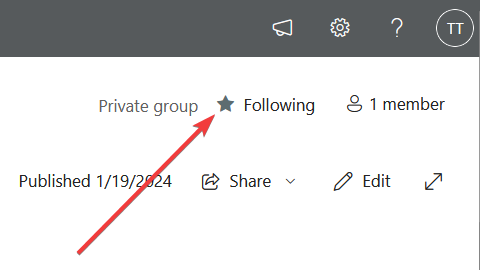 An arrowing pointing to the Following option with the star filled in indicating that the current SharePoint page is now being followed.