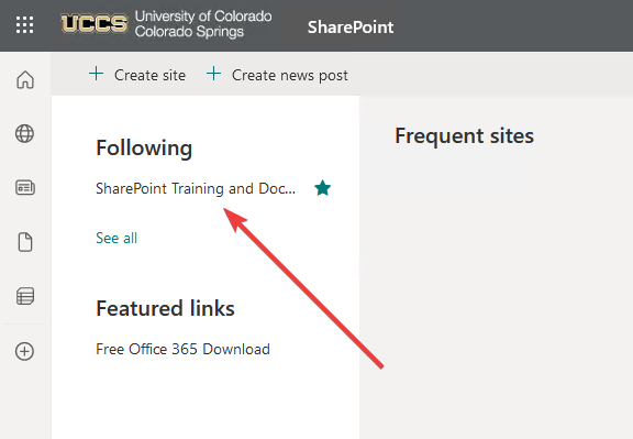 Picture of the SharePoint landing page with an arrow pointing to a site title under the header Following.