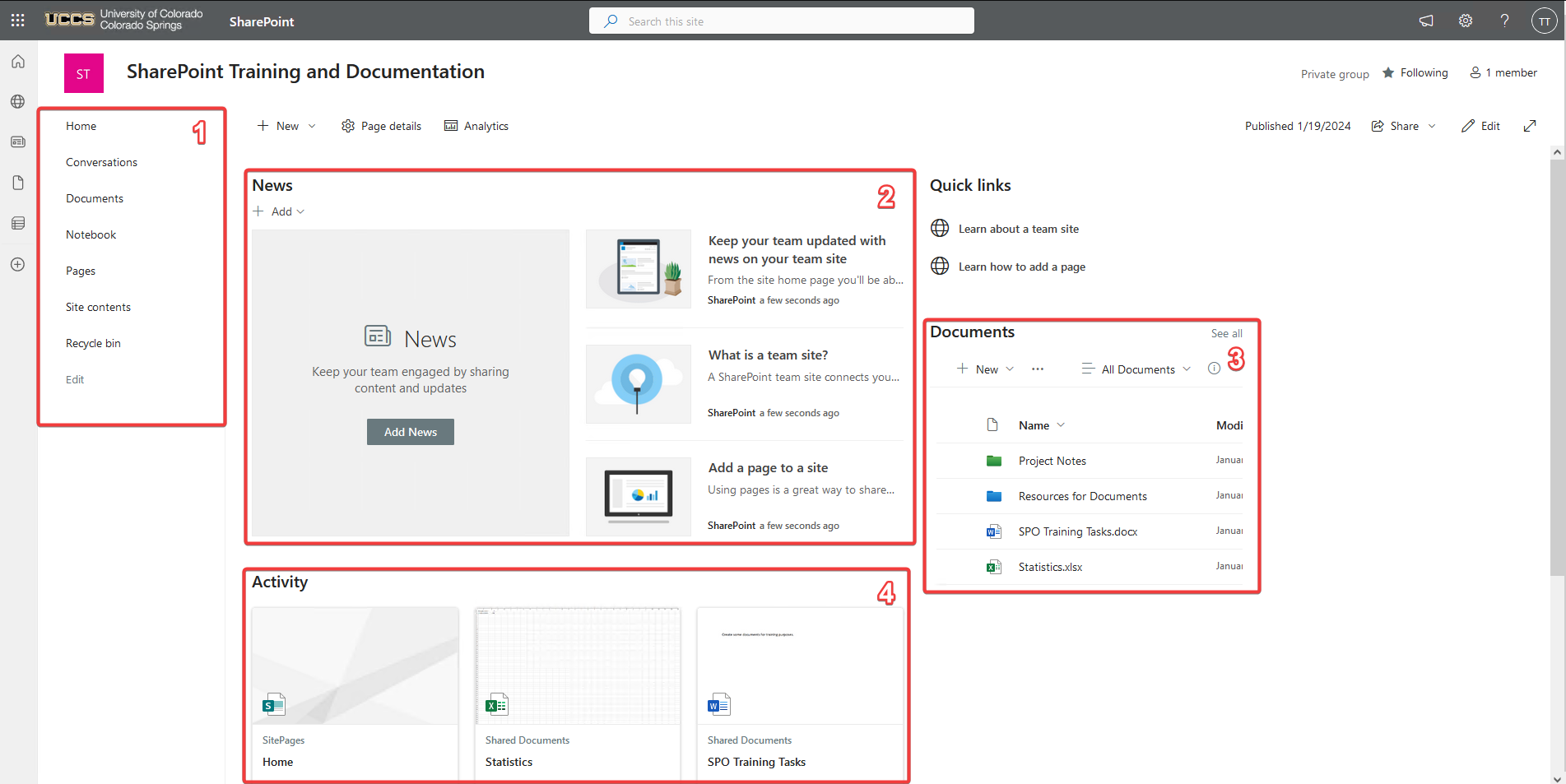 A SharePoint site's home page with numbered boxes around different features.