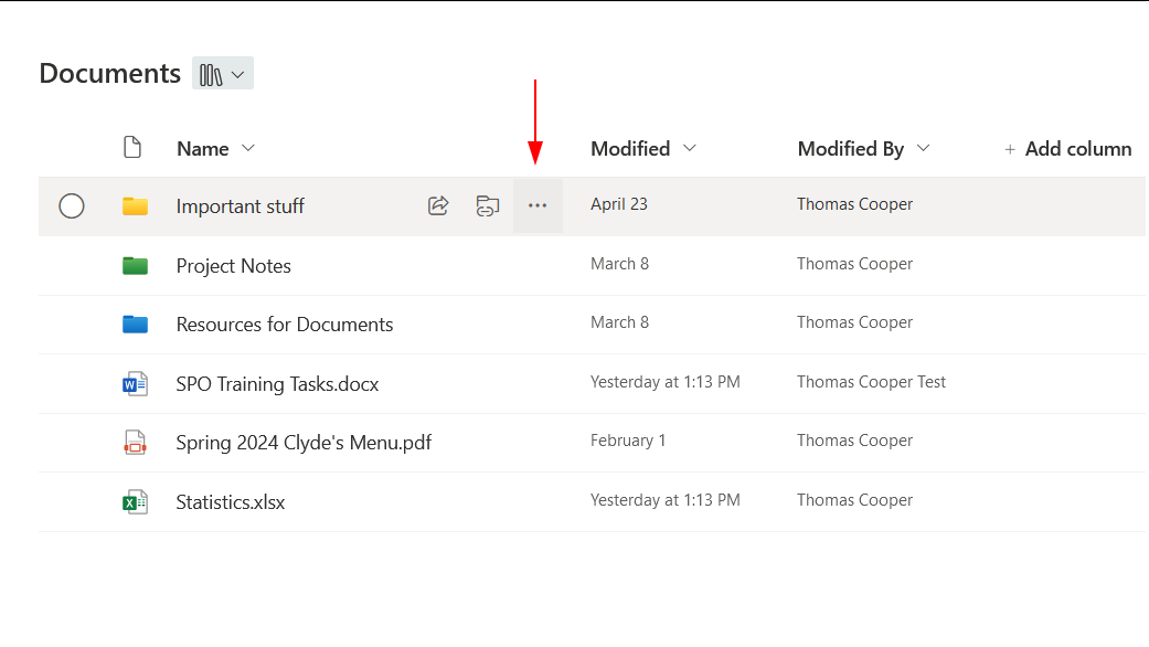 A highlighted folder with an arrow pointing to the folder's menu button.