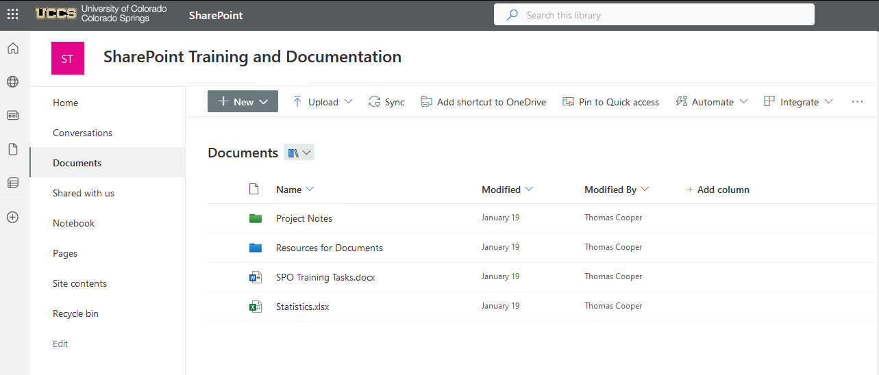 The document's library of a SharePoint page.