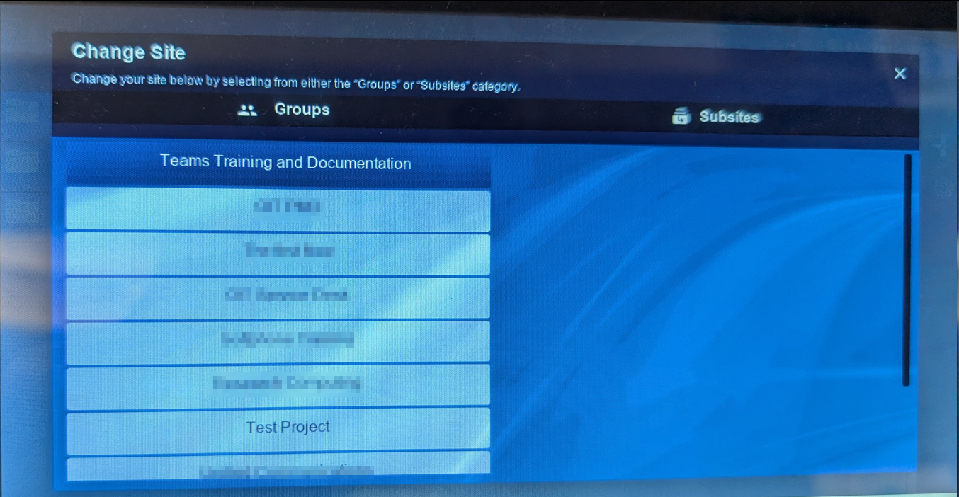 A screen with a list of site names